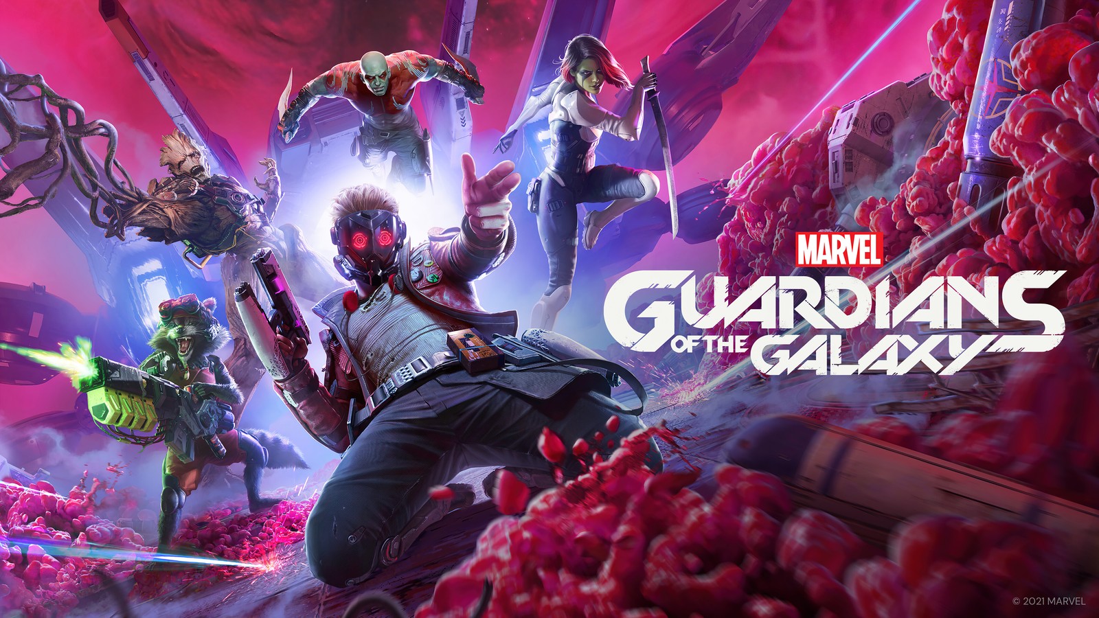 Lade marvels guardians of the galaxy, videospiel, star lord, rocket raccoon, gamora Hintergrund herunter