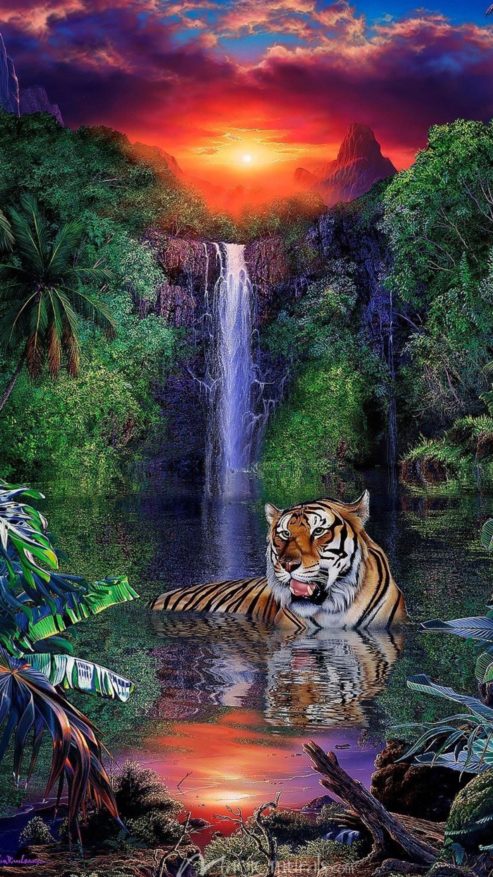 Pintura de um tigre em um rio com uma cachoeira ao fundo (animal, nuvens, floresta, hd, lago)