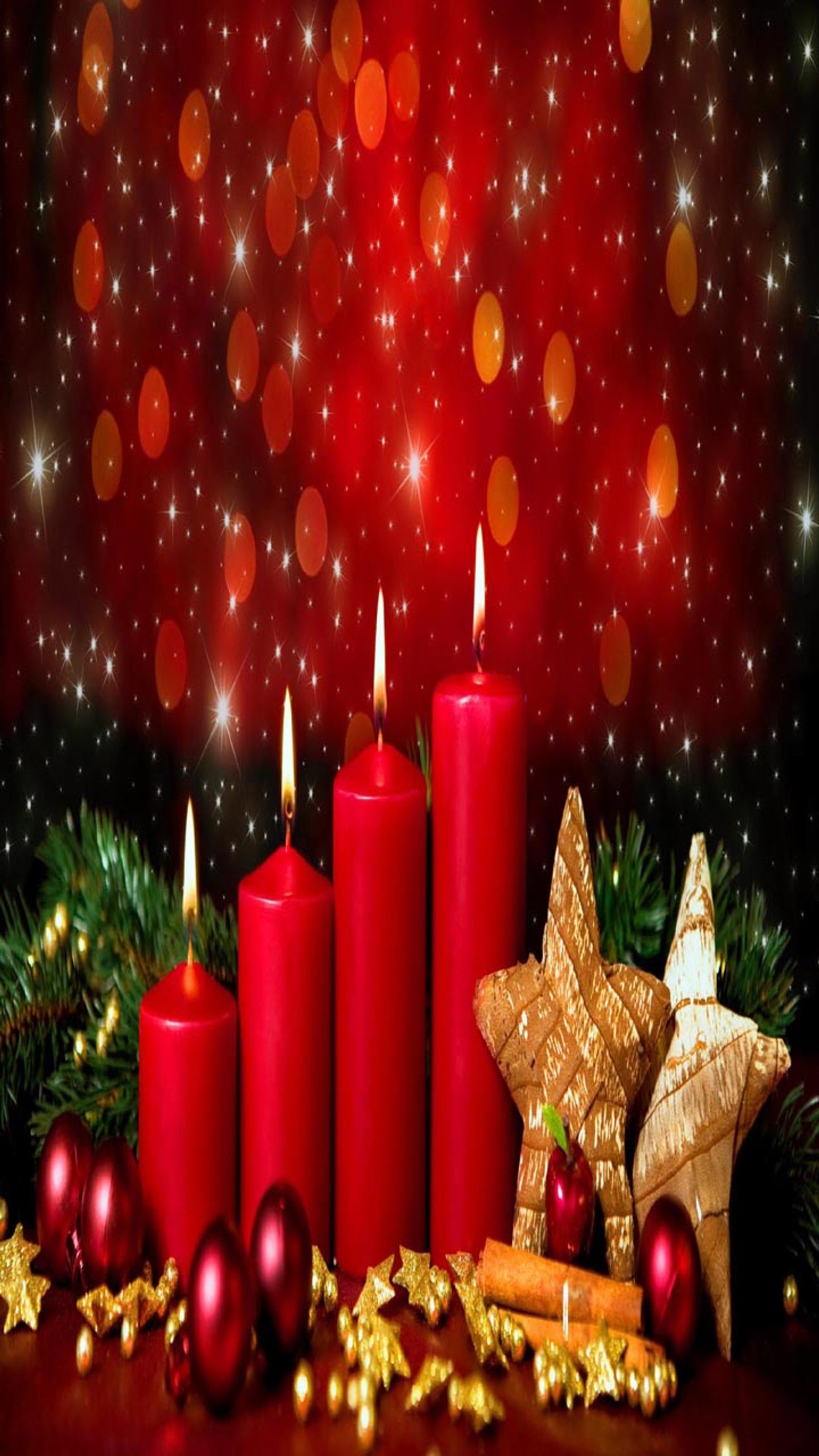 Candles and decorations on a table with a red background (beautiful, cute, look, nice)