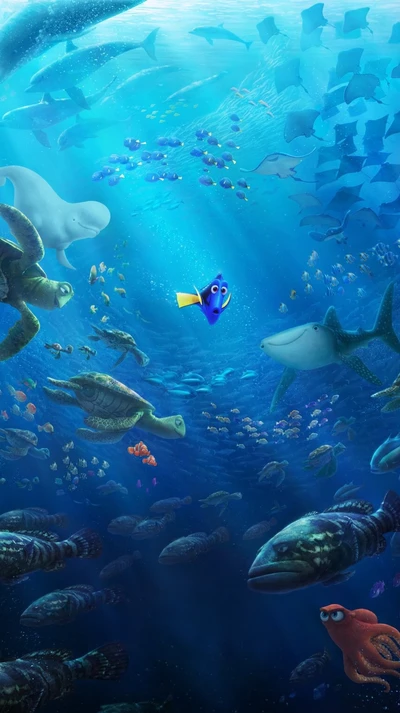 Aventure sous-marine vibrante : Dory et ses amis dans une mer bleue profonde