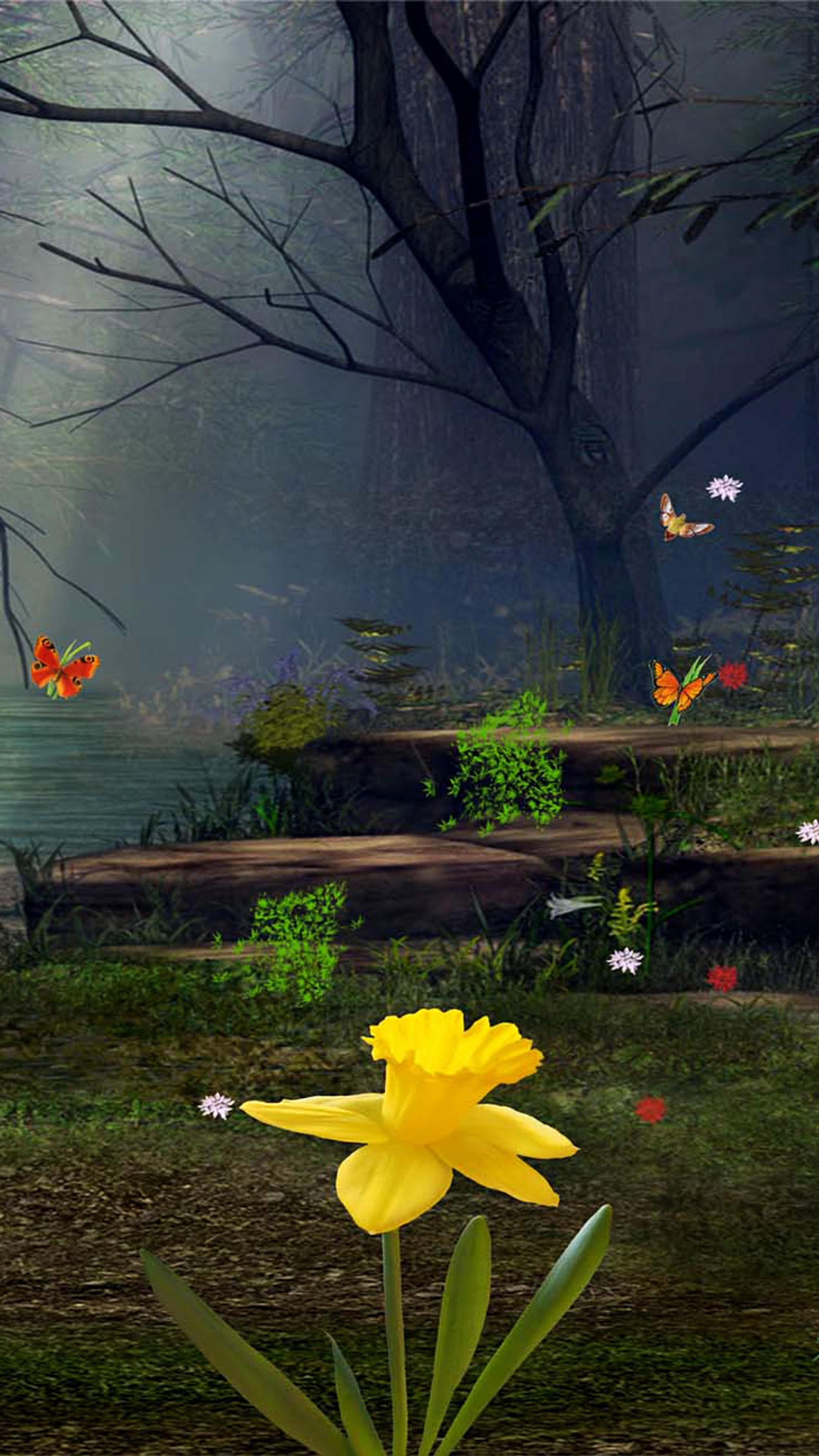 There is a yellow flower in a field with a bench in the background (3d, bytterfly, flower, garden, night)