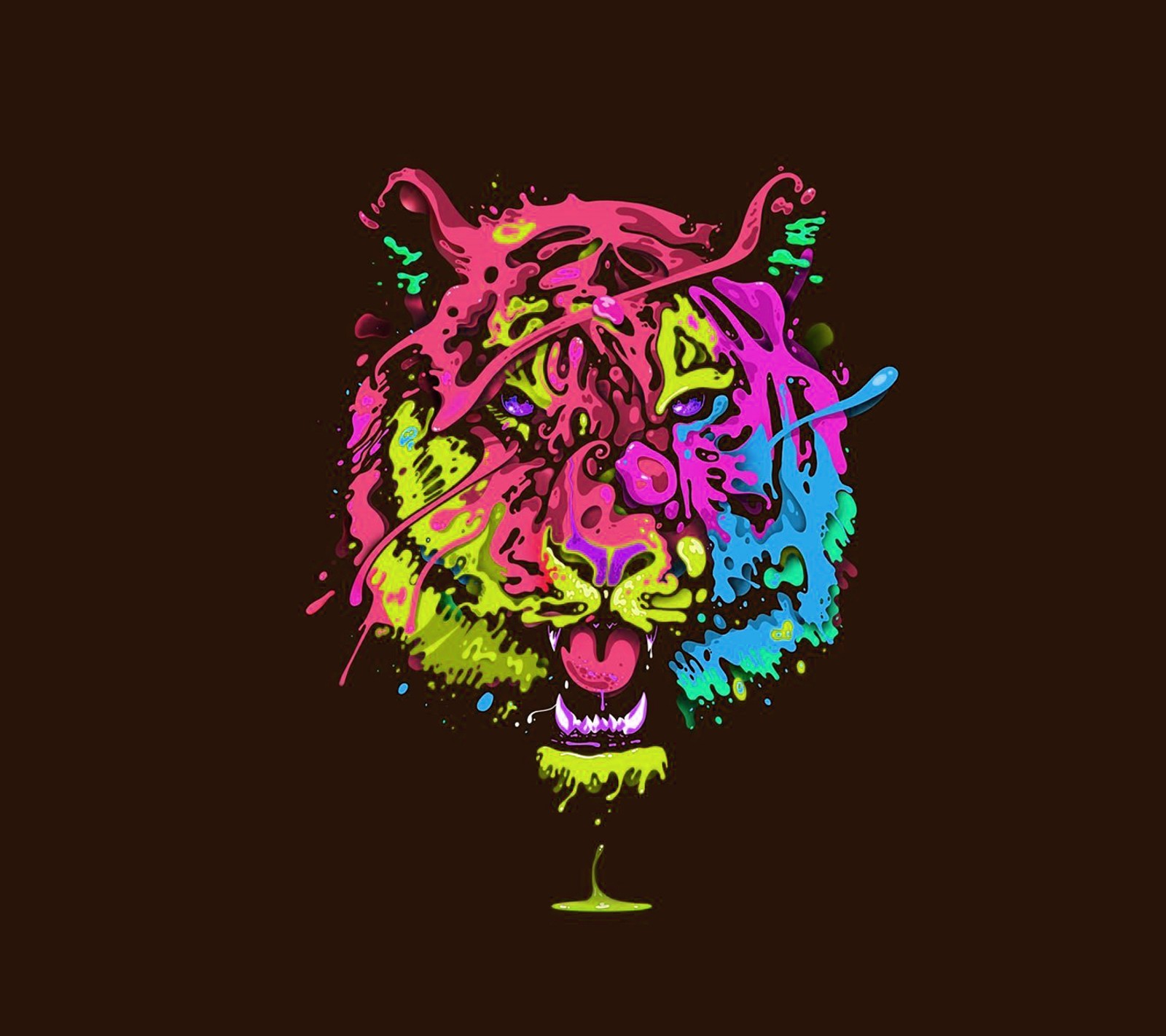 Um close de um tigre com um rosto colorido em um fundo preto (arte, cor, colorido, tigre)