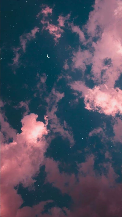 hermoso, nubes, luna, rosa, cielo