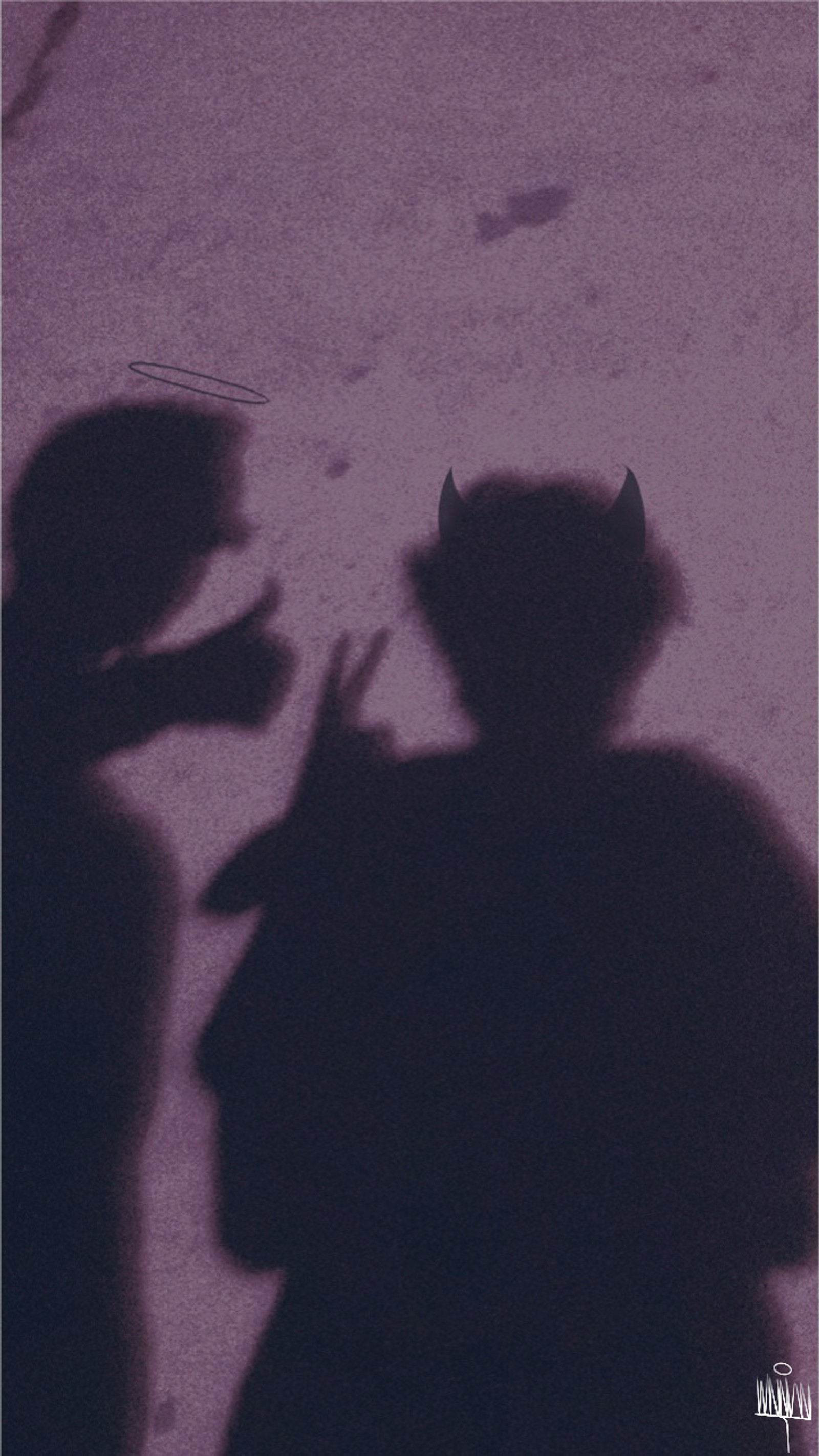 Sombras de dos personas en una acera con un gato en la pared (ángel, demonio, dou, corazones, noche)