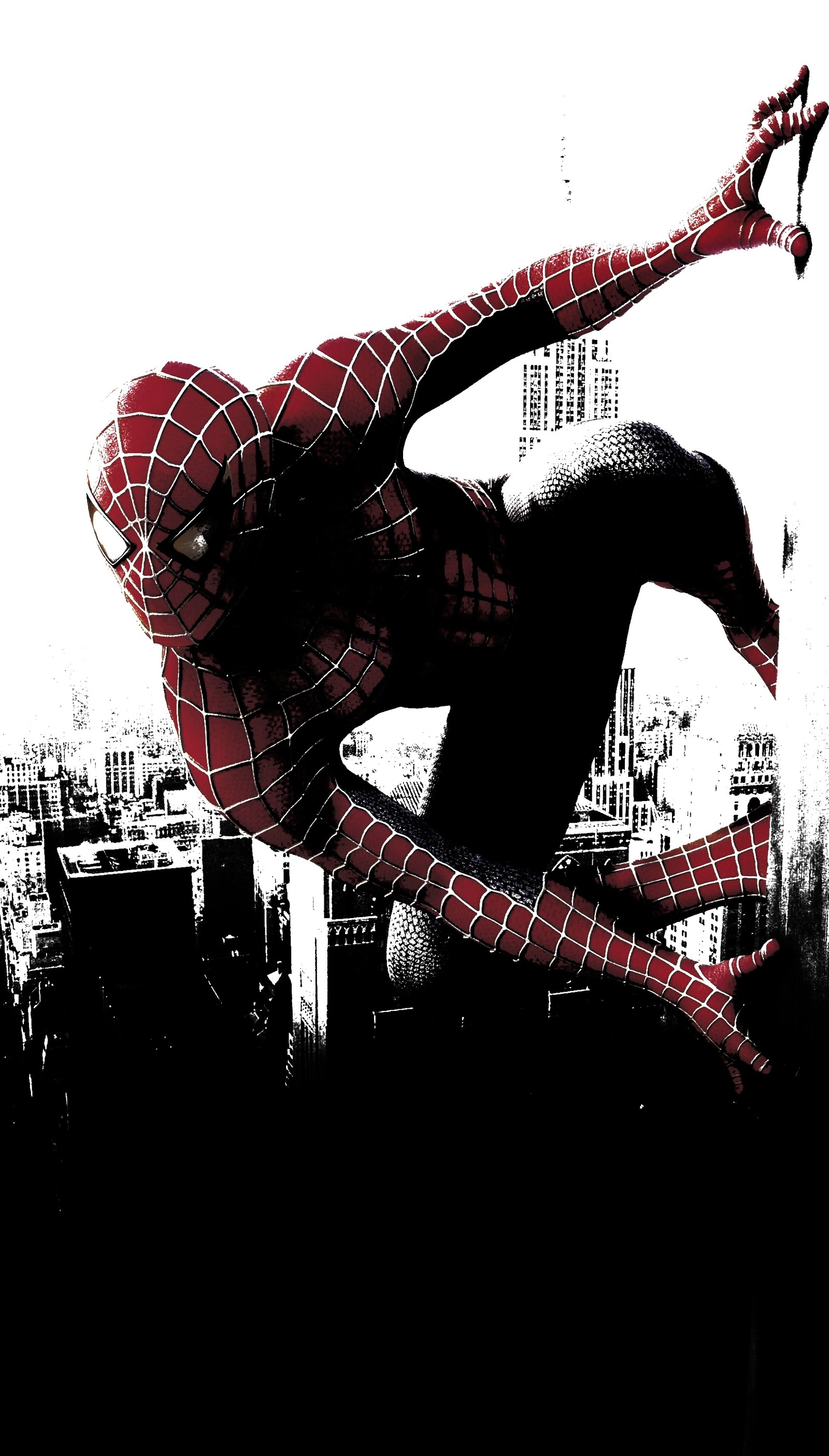 Spider-man dans un costume rouge et noir volant au-dessus d'une ville (avengers, bandes dessinées, darkdroid, marvel, spiderman)