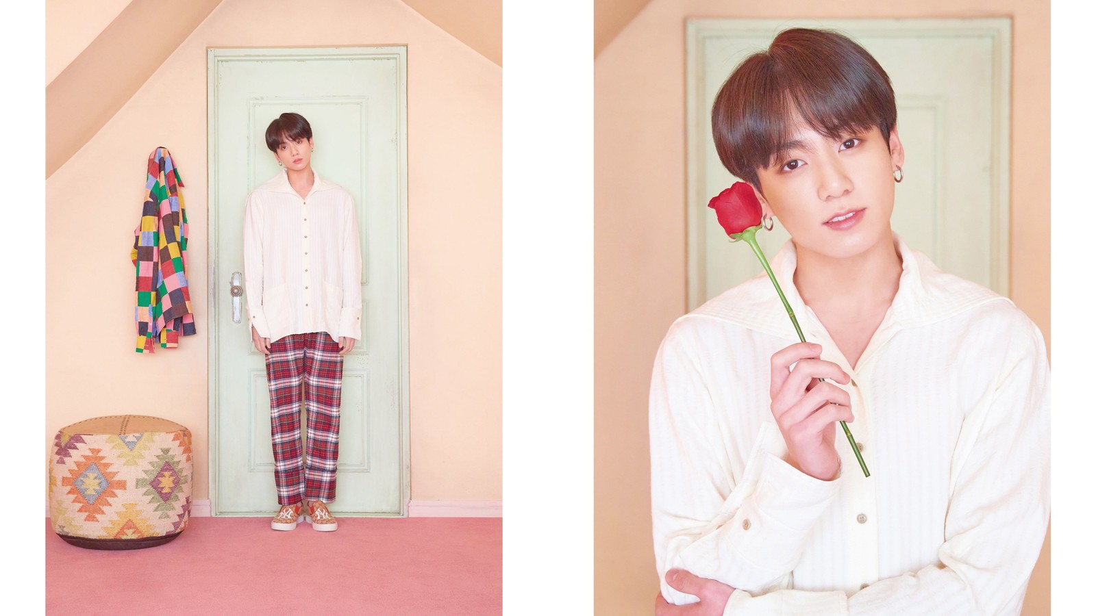 Imagen árabe de un hombre sosteniendo una rosa frente a una puerta (jungkook, jeon jeong guk, bts, bangtan boys, kpop)