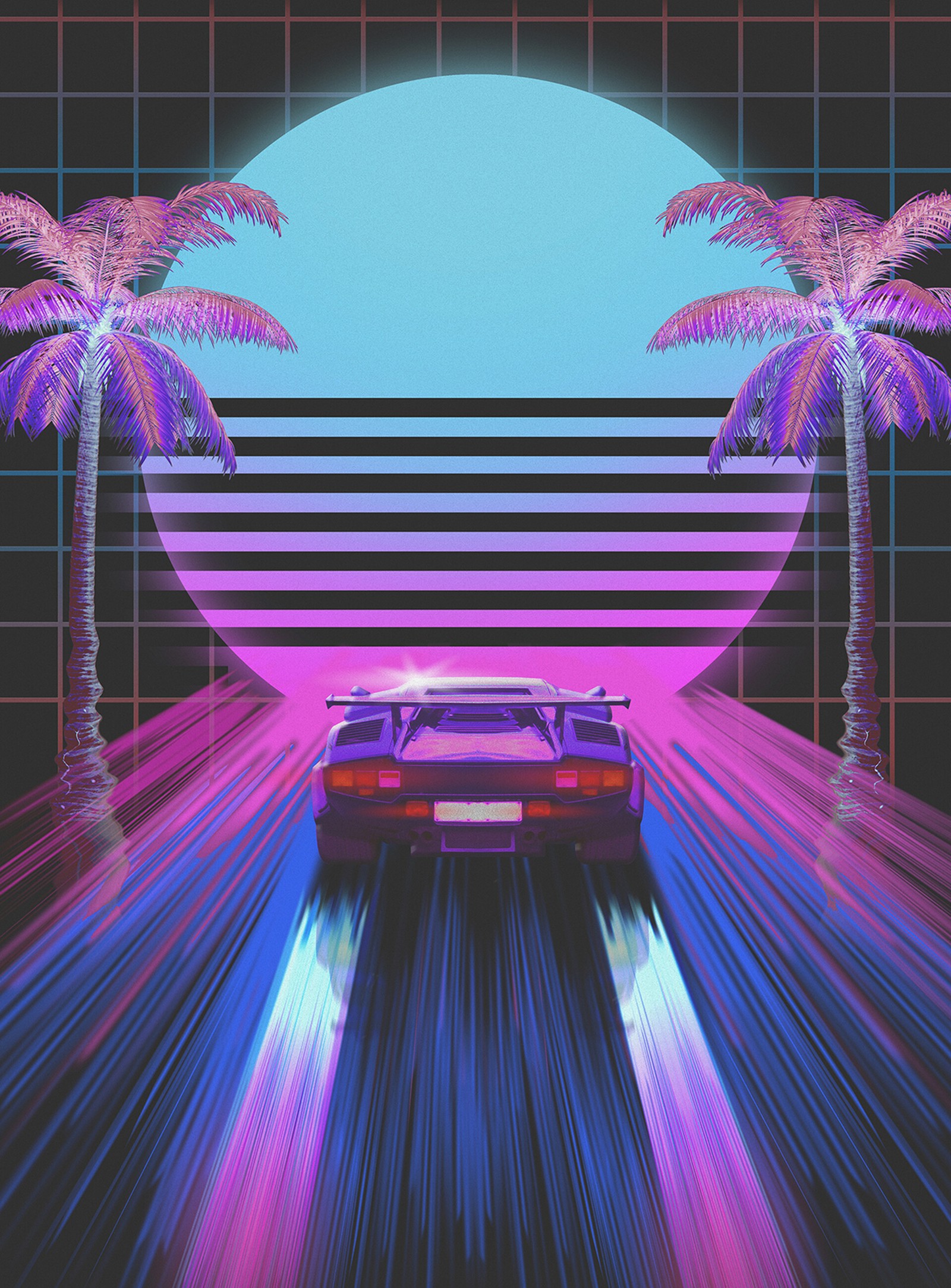 A car driving through a neon city with palm trees (car, sports car, purple, pink, light)