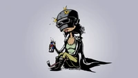 Fictional character in a helmet, sitting casually with a drink, showcasing a rebellious and edgy attitude.