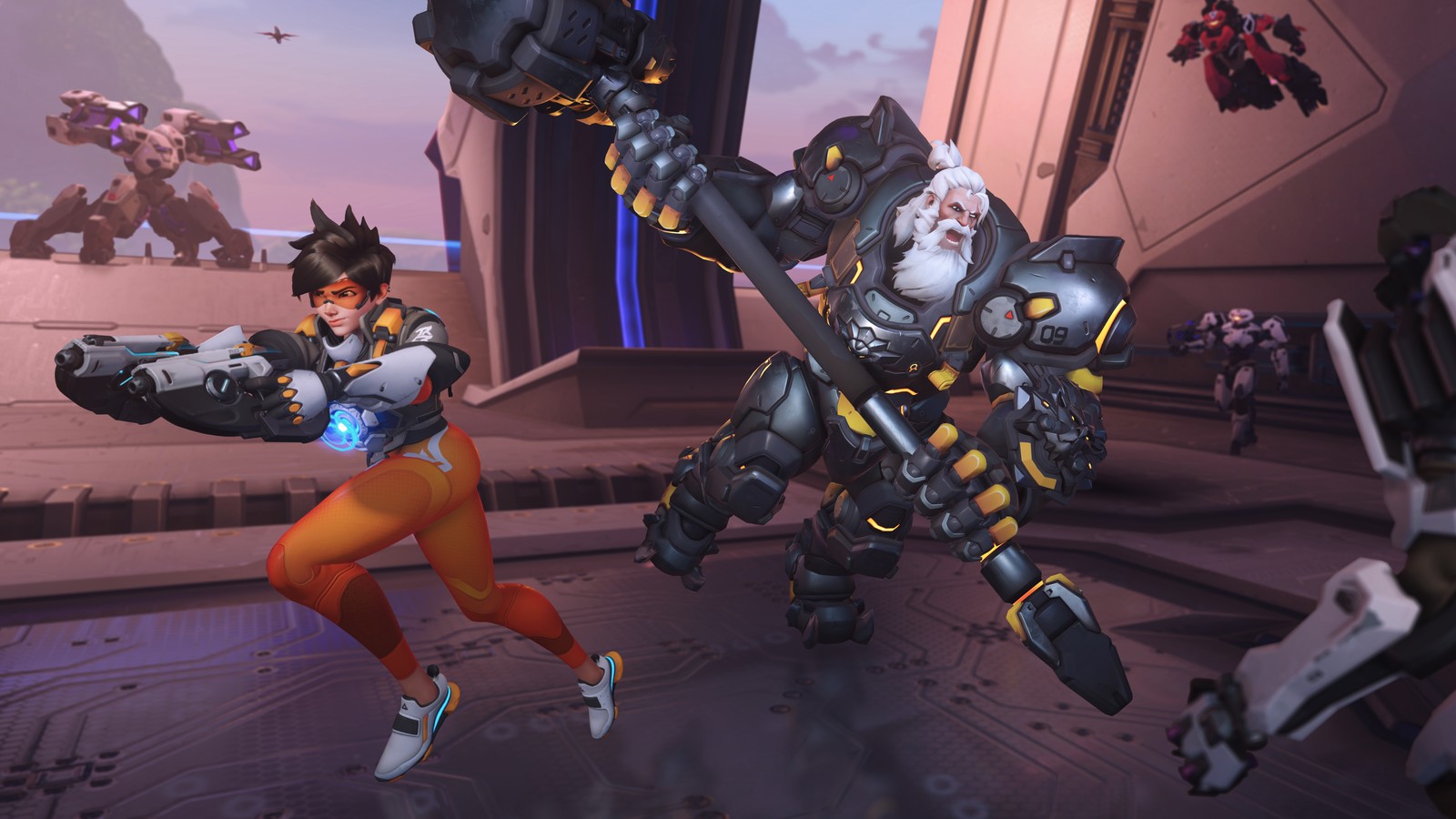 Une femme en tenue rouge et orange joue à un jeu (overwatch 2, jeu vidéo, overwatch, tracer, reinhardt)