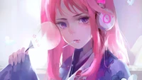 Fille d'anime avec de longs cheveux hime roses, portant des écouteurs, avec une expression douce et une sucette, sur un fond rêveur et pastel.