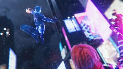 Miles Morales schwingt durch ein lebhaftes, neonbeleuchtetes Times Square und zeigt seine dynamische Agilität und Superhelden-Flair in einer actiongeladenen Videospielszene.