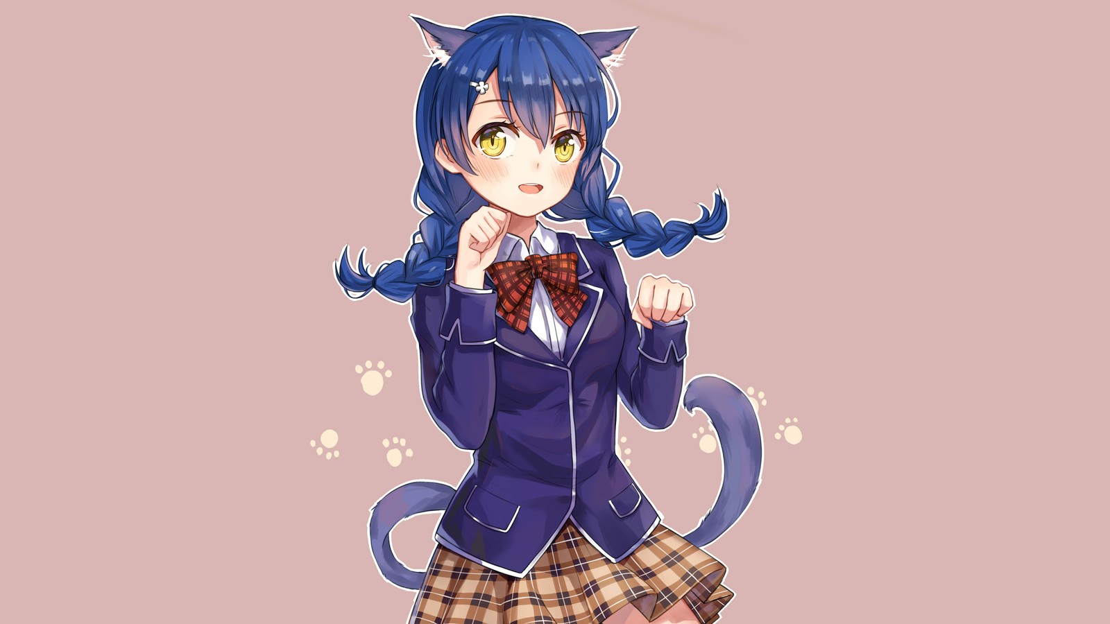 Anime, una chica con cabello azul y cola de gato, vestida con una falda y una pajarita (megumi tadokoro, guerras de comida, shokugeki no soma, 食戟のソーマ, anime)