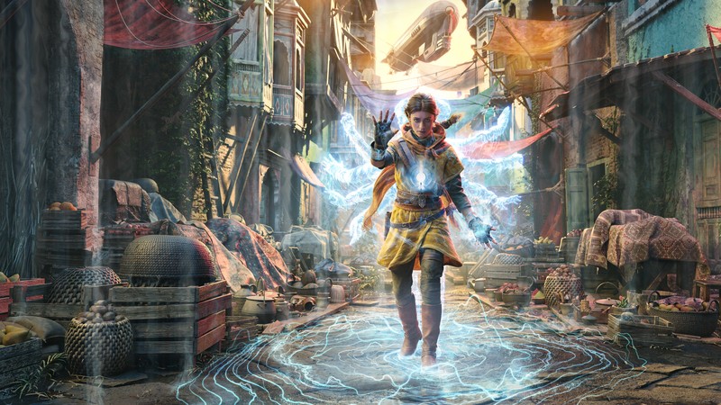 A woman in a yellow dress walking through a city with a sword (unknown 9 awakening, key art, 2024 games, female character, haroona)