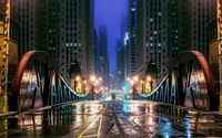 Rain-soaked Chicago Skyline at Night with Reflections on the Bridge