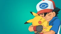 Ash Ketchum und Pikachu teilen eine herzliche Umarmung im lebhaften Anime-Stil.