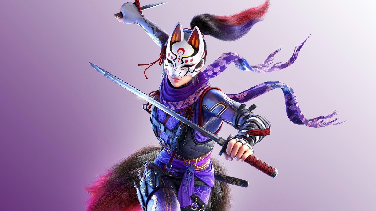 A close up of a person holding a sword and a sword (tekken 7, video game, kunimitsu, mask)