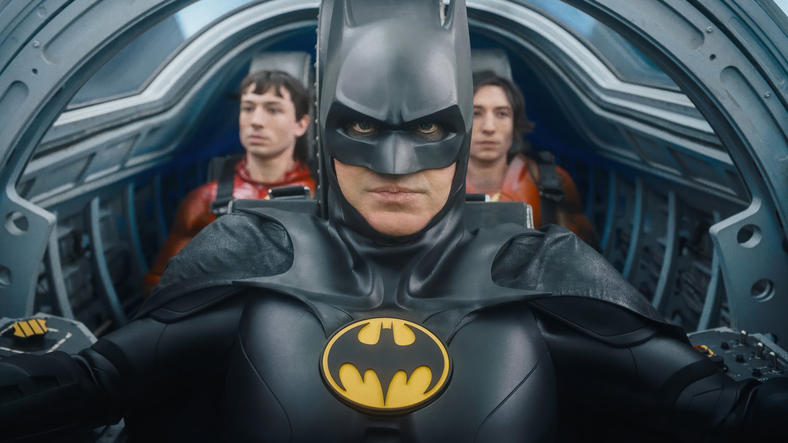 Batman in a space station with three other people (batman, flash, the flash 2023, movie, dc)