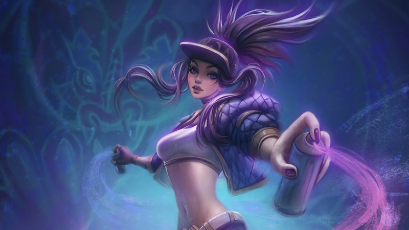 Женщина в фиолетовом наряде держит фиолетовую бутылку (акали, akali, kda, lol, league of legends)