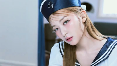 Seulgi dans une tenue de marin élégante, dégageant une ambiance cosmique et mystérieuse dans un cadre hôtelier doucement éclairé.