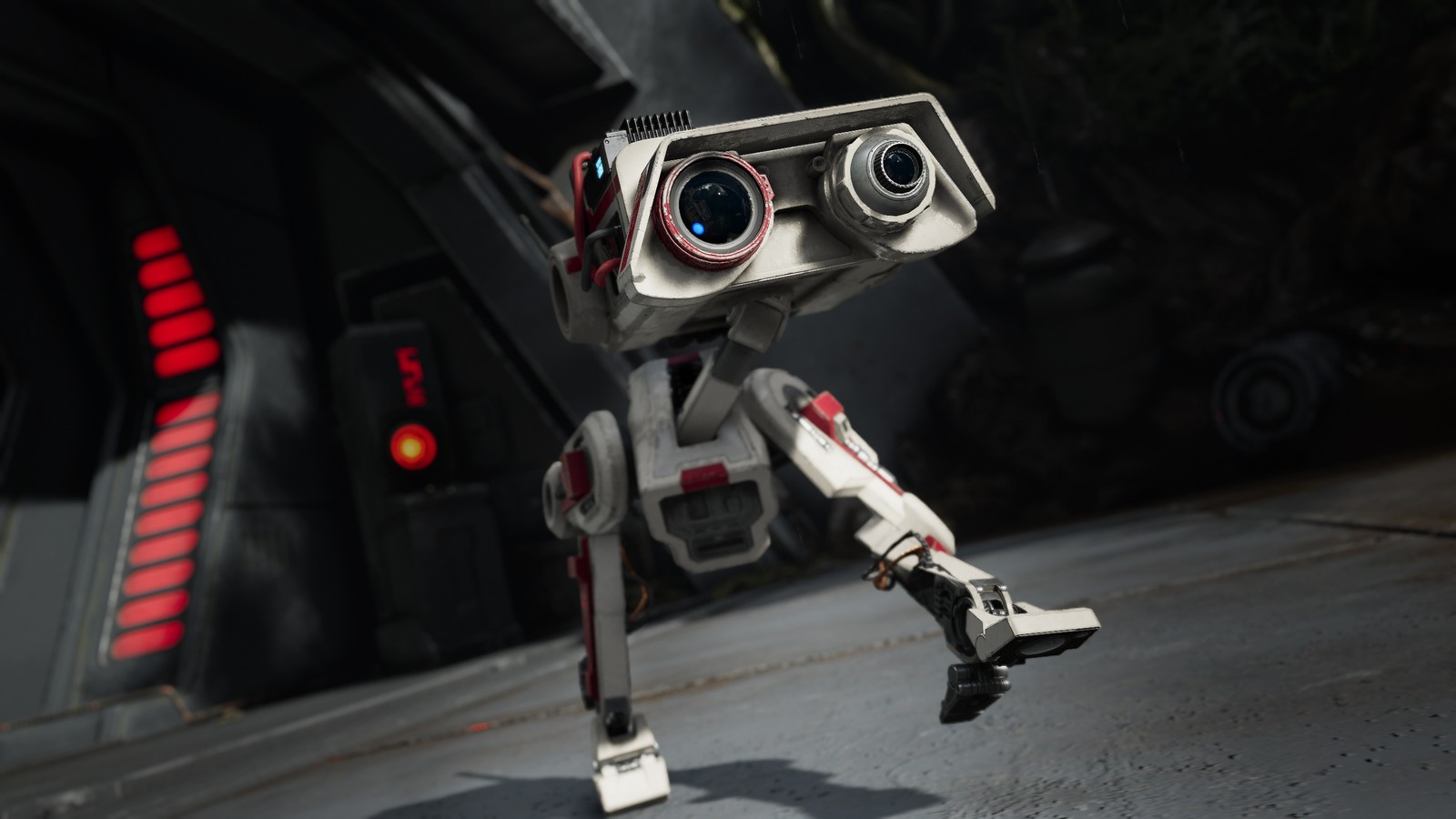 There is a robot that is standing in the street (star wars jedi fallen order, video game)