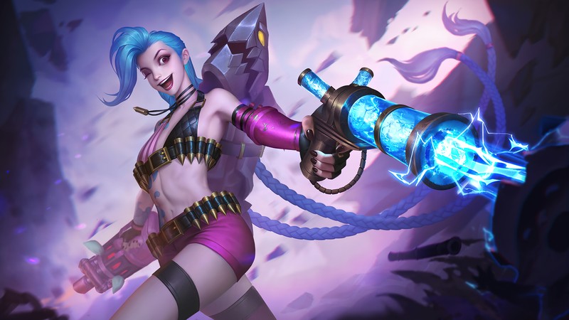 Женщина с синими волосами держит меч и синий огонь (джинкс, jinx, lol, league of legends, видеоигра)