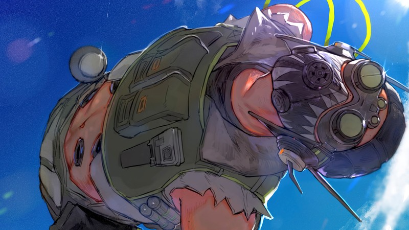 Персонаж аниме в противогазе и очках летит в небе (октан, apex legends, видеоигра, искусство)