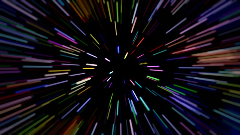 A close up of a black background with a colorful light (light speed, space warp, colored rays, big bang, colourful)