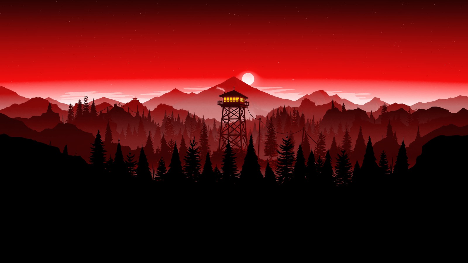 Un cielo rojo con una torre en medio de una montaña (firewatch, cielo rojo, montañas, atardecer, 5k)