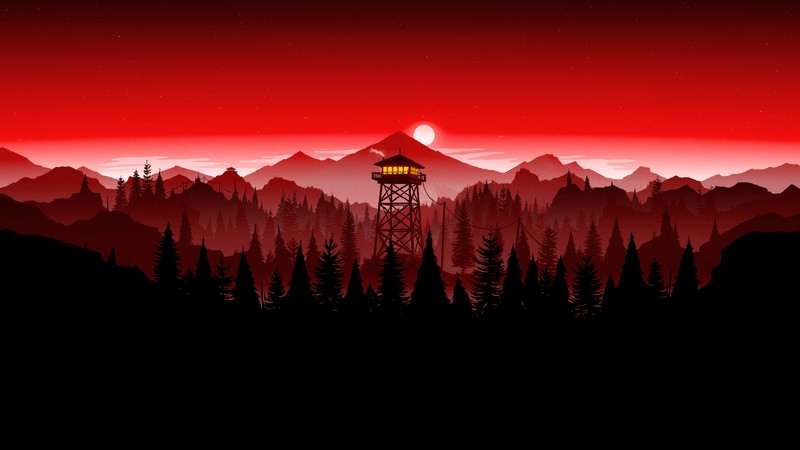 Красное небо с башней посреди горы (пожарная охрана, firewatch, красное небо, горы, закат)