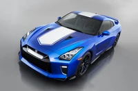 Nissan Skyline GT-R: Um deslumbrante carro esportivo azul no Salão Internacional do Automóvel de Nova York