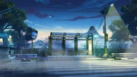 bus stop, night, pedestrian, scenery, art