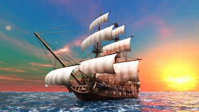 Majestic Full-Rigged Sailing Ship Against a Vibrant Sunset