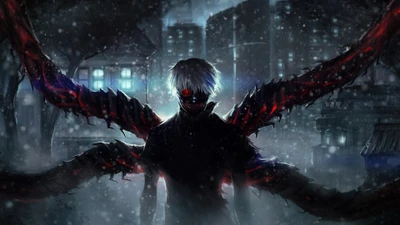 Ken Kaneki in einem dunklen Tokio mit Ghoul-Flügeln