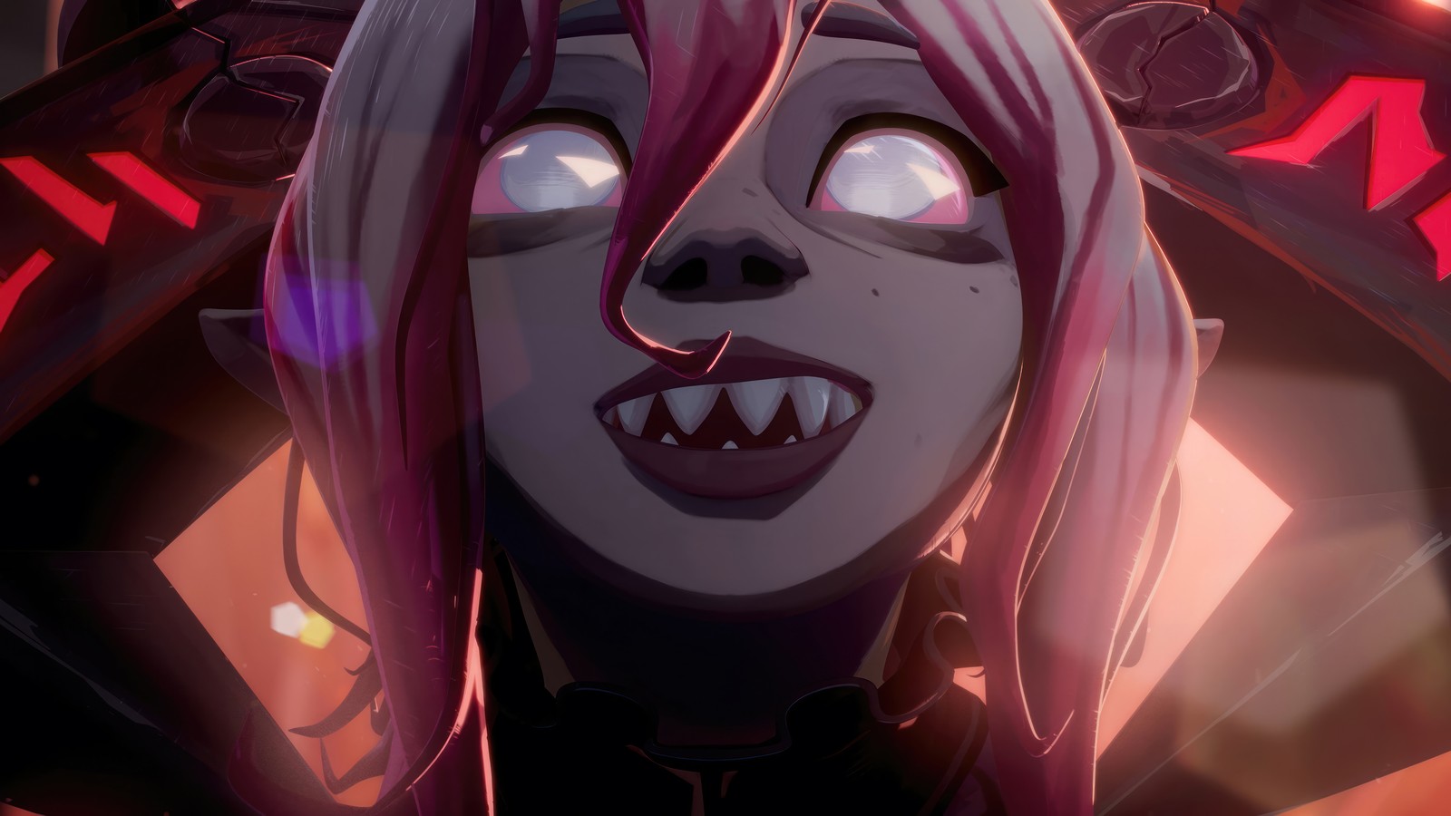 A close up of a person with pink hair and a creepy face (briar, league of legends, lol, video game, game)