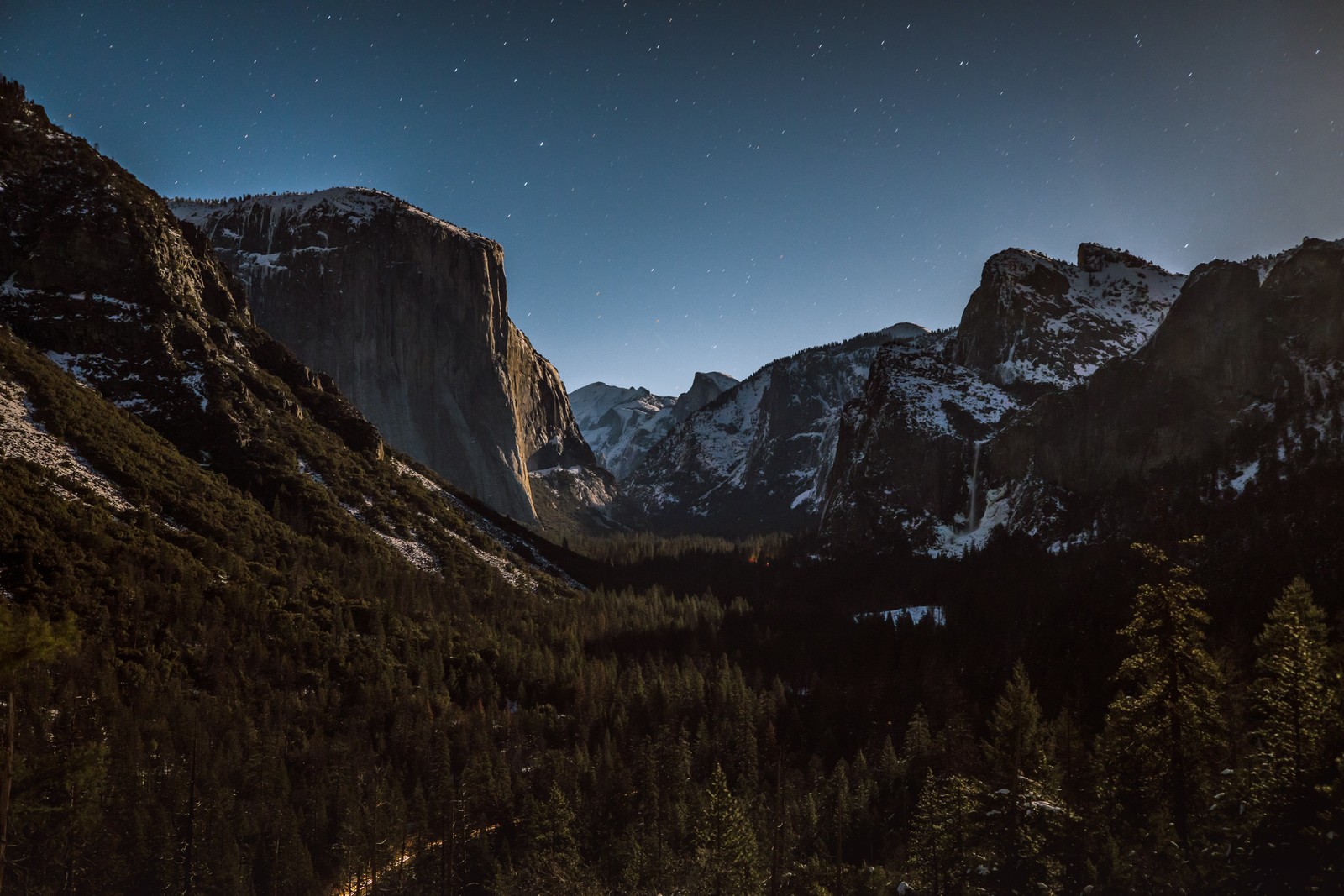 A view of a mountain with a forest and a sky full of stars (alps mountains, scenery, mountain range, dusk, landscape)