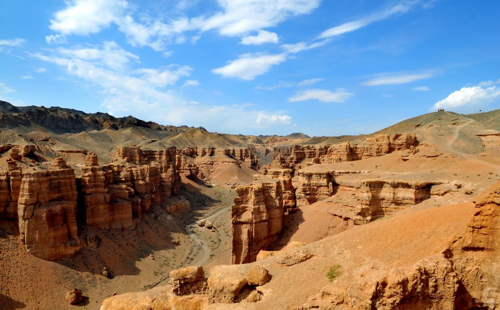 Blick auf einen canyon mit ein paar steinen und einem himmel (badlands, formation, wadi, canyon, fels)