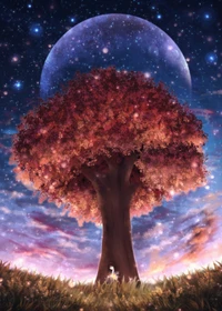 Celestial Serenity: A Vibrant Tree Beneath a Starlit Sky