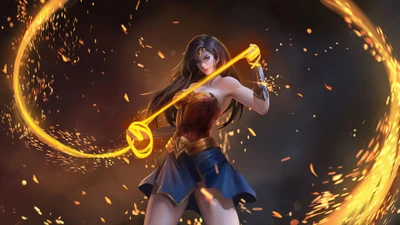 Wonder Woman, die das Lasso der Wahrheit inmitten dynamischer Funken und Energie schwingt.