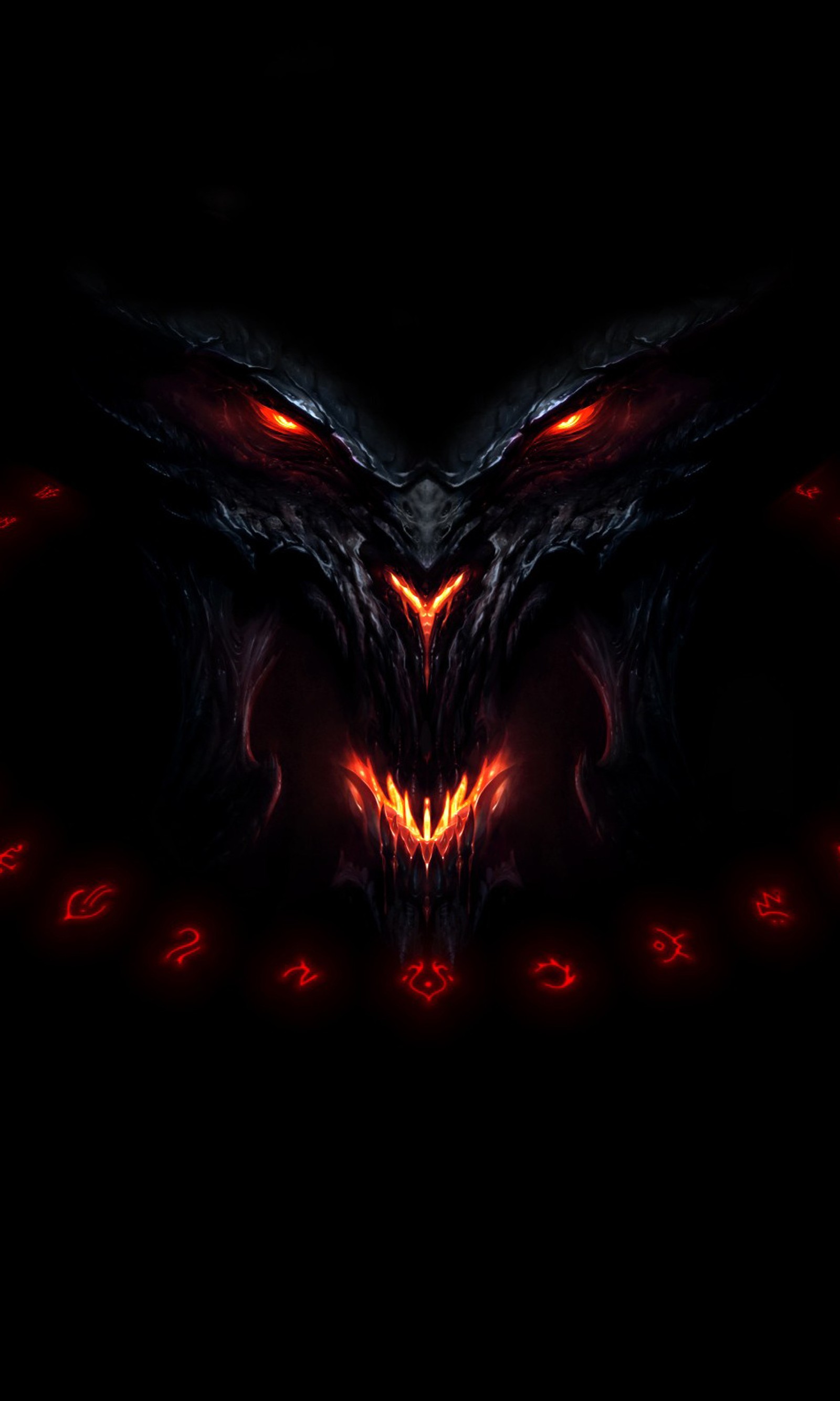 A dark background with a demonic face and glowing eyes (dragon, fire, game)