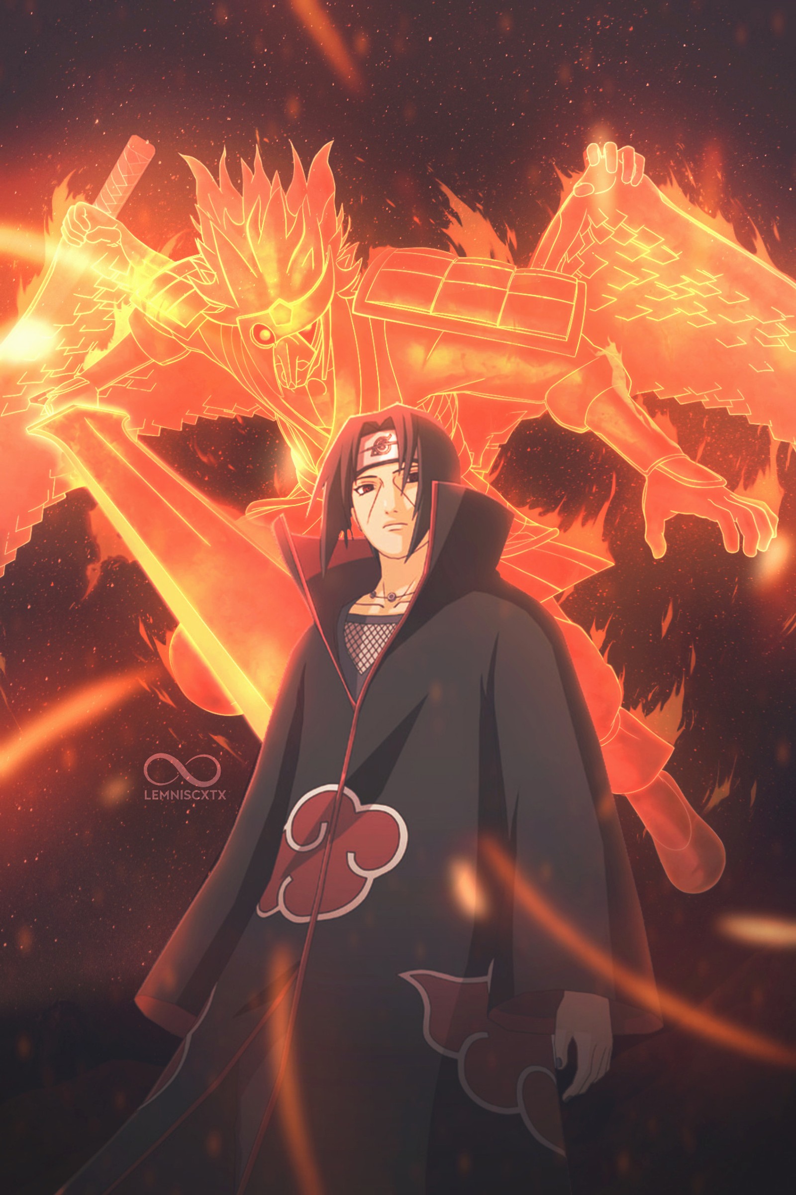 Аниме персонаж с мечом и огнем на фоне (аниме, anime, аниме обои, itachi, itachi uchiha)