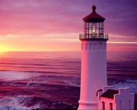 lighthouses, purple sunset, sea, sunset