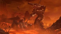 Epic battle between a massive demon and a powerful creature in a fiery, apocalyptic landscape from Doom Eternal.