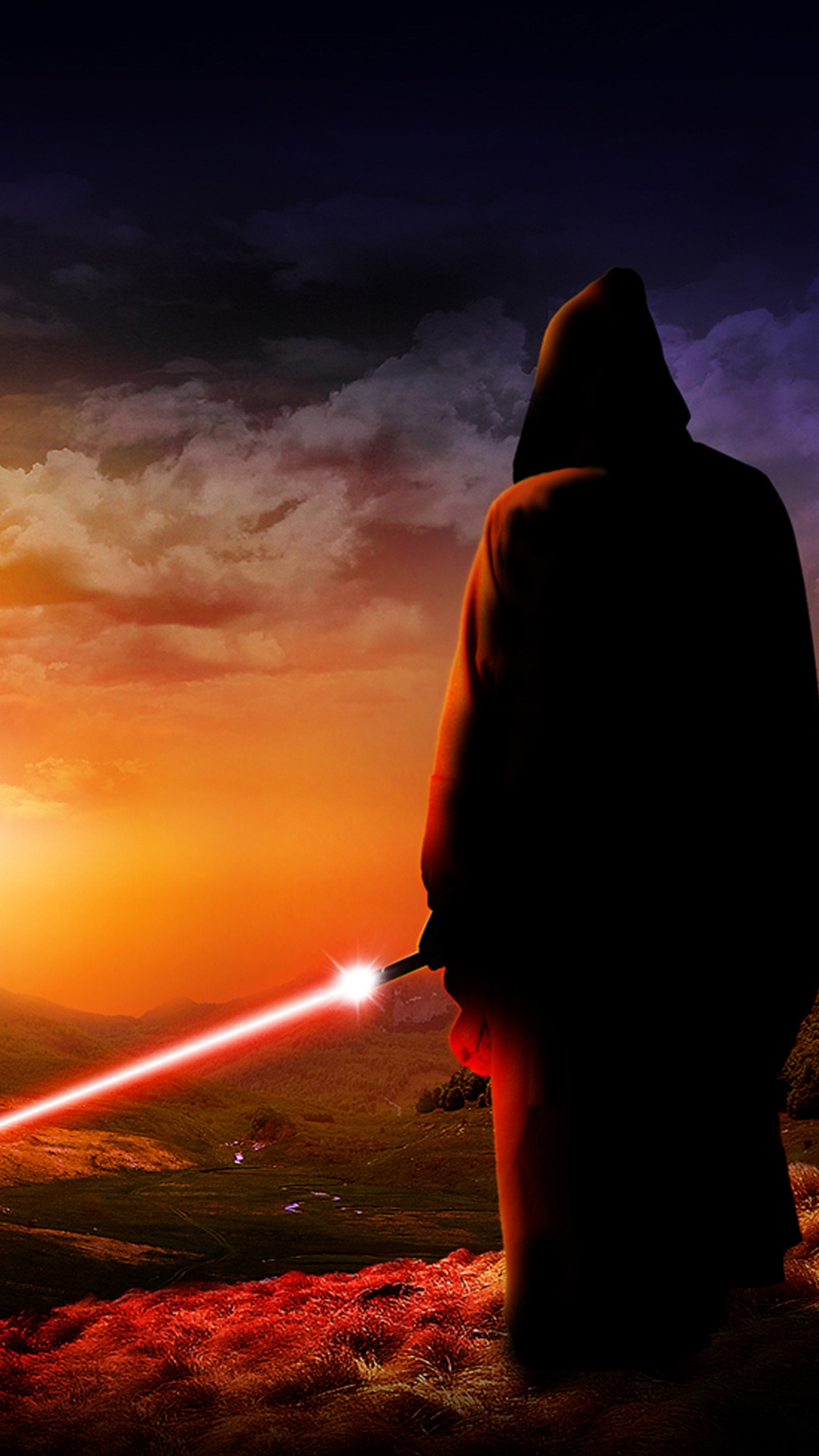 Homem arafed com um sabre de luz vermelho em pé em uma colina (hd, jedi, cavaleiro jedi, senhor, sith)