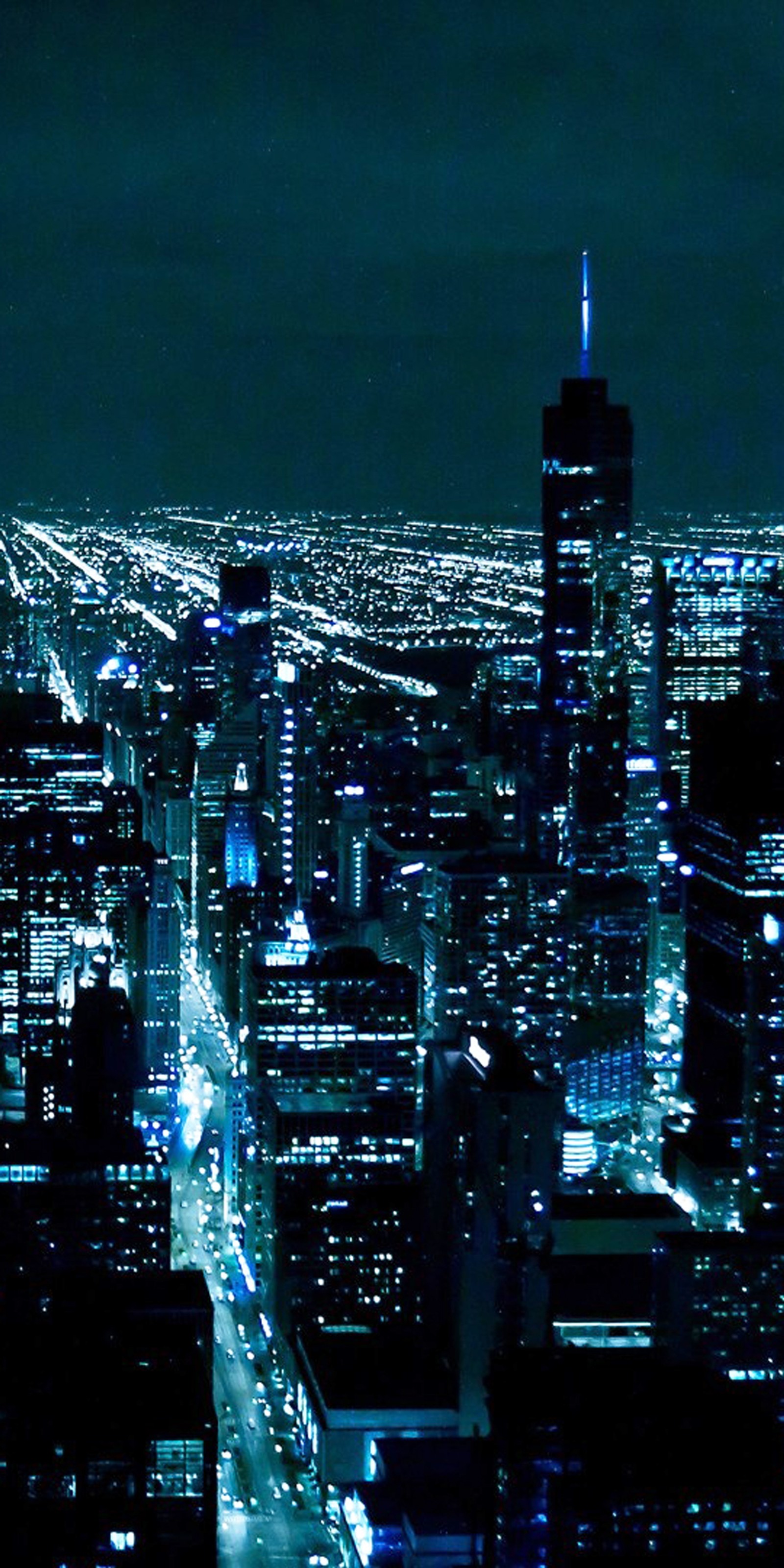 Vue nocturne d'une ville avec beaucoup de lumières (noir, bleu, chicago, ville, sombre)