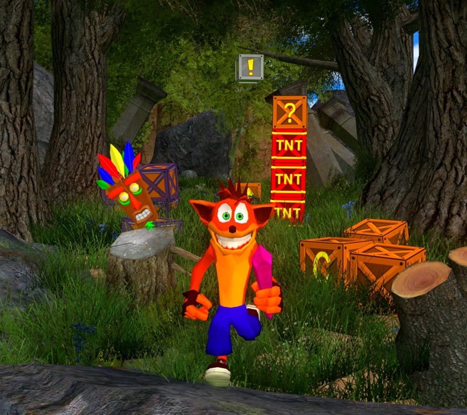 Eine nahaufnahme einer person in einem kostüm, die durch einen wald geht (bandicoot, crash, playstation, ps2, ps3)