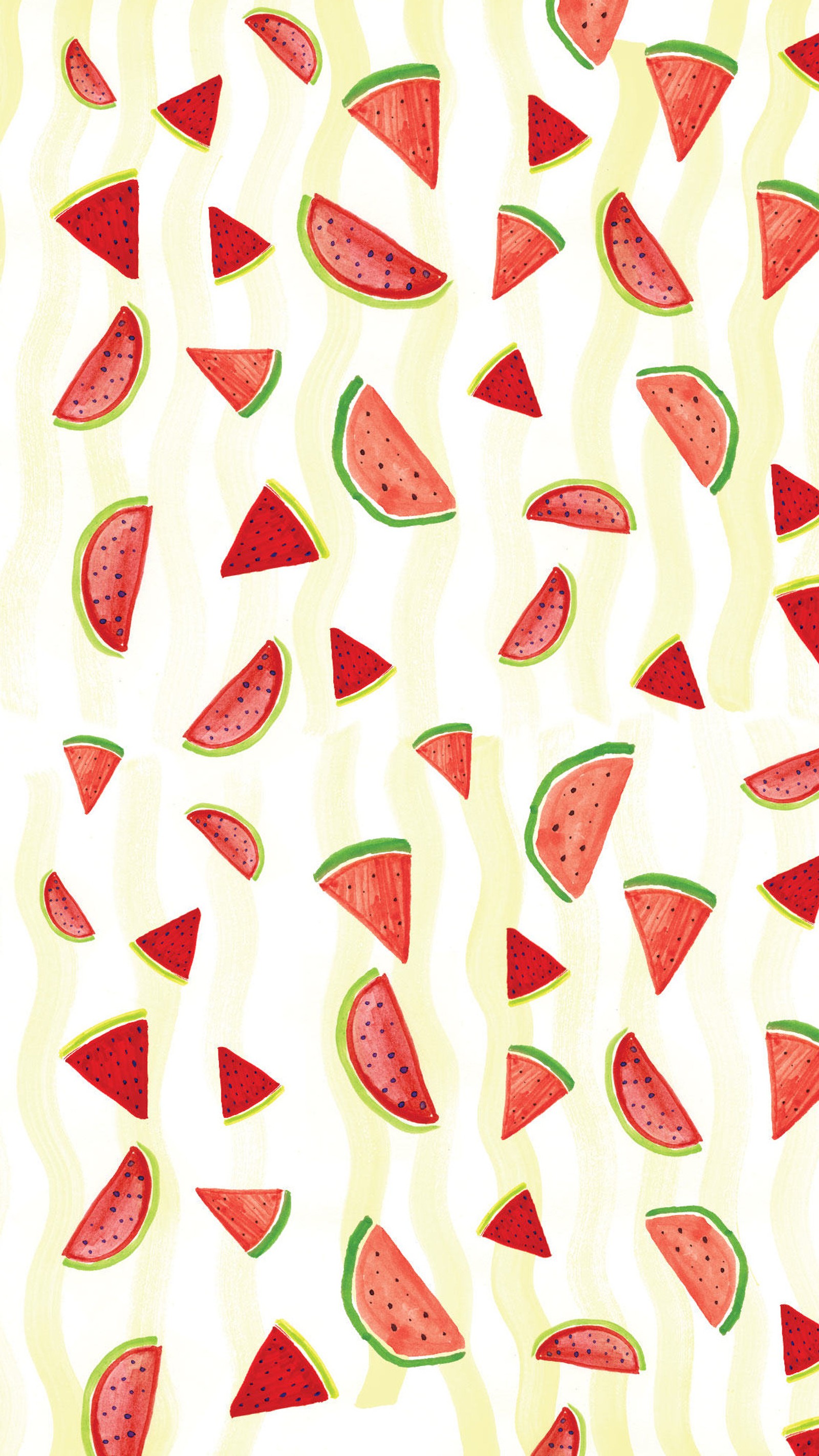 Seamless watermelon slices on a white background with wavy lines (fruits, pattern, watermelons)