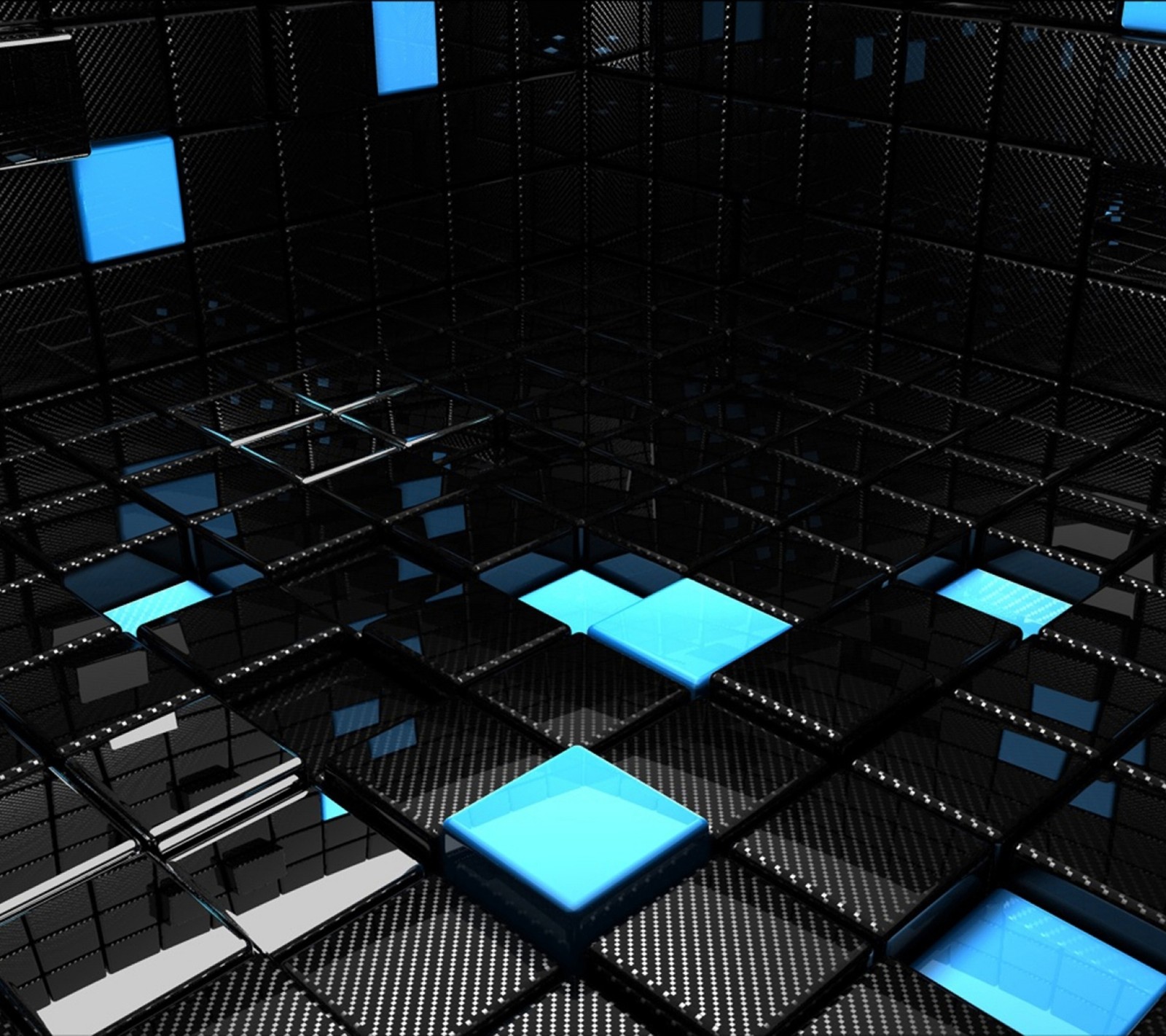 A close up of a room with a lot of blue boxes (3d, abstract, corner, cube, room)