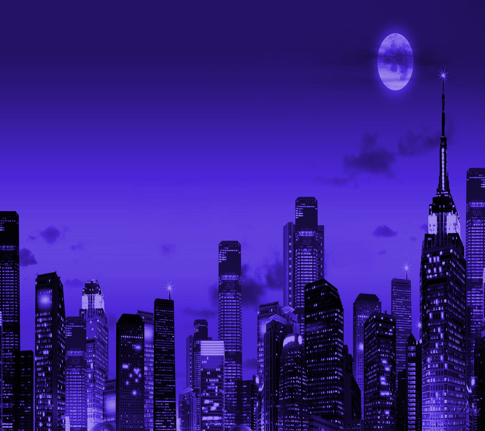 Purple city skyline with moon and clouds in the sky (city, purple)