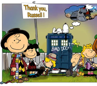 Die Peanuts-Charaktere feiern mit der TARDIS