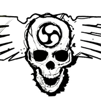 A stylized skull with outstretched wings, featuring a circular symbol on the forehead, exuding a bold and edgy aesthetic.